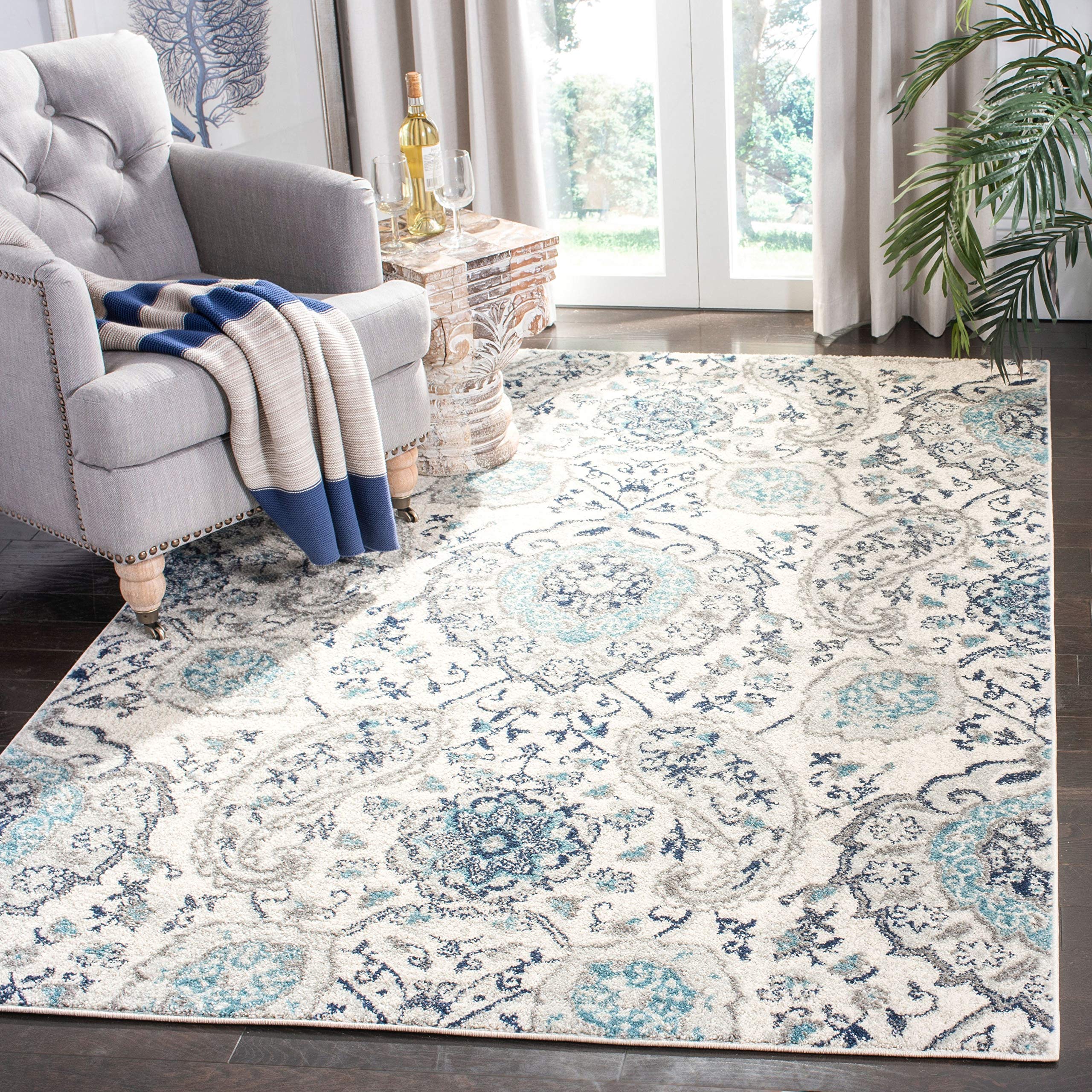 Safavieh Madison Collection Area Rug - 8' Round, Cream & Silver, Boho Chic Glam Paisley Design, Non-Shedding & Easy Care, Ideal